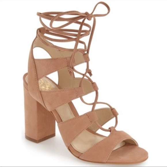 VINCE Camuto Winola Lace Up Block Heels, faux suede, tan beige taupe, size 9.5 - Picture 1 of 8